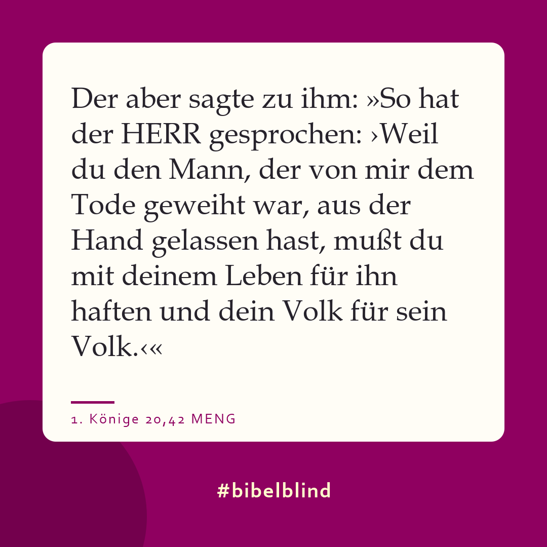 #bibelblind-Meme zu 1. Könige 20,42: Der aber sagte zu ihm: »So hat der HERR gesprochen: ›Weil du den Mann, der von mir dem Tode geweiht war, aus der Hand gelassen hast, mußt du mit deinem Leben für ihn haften und dein Volk für sein Volk.‹«