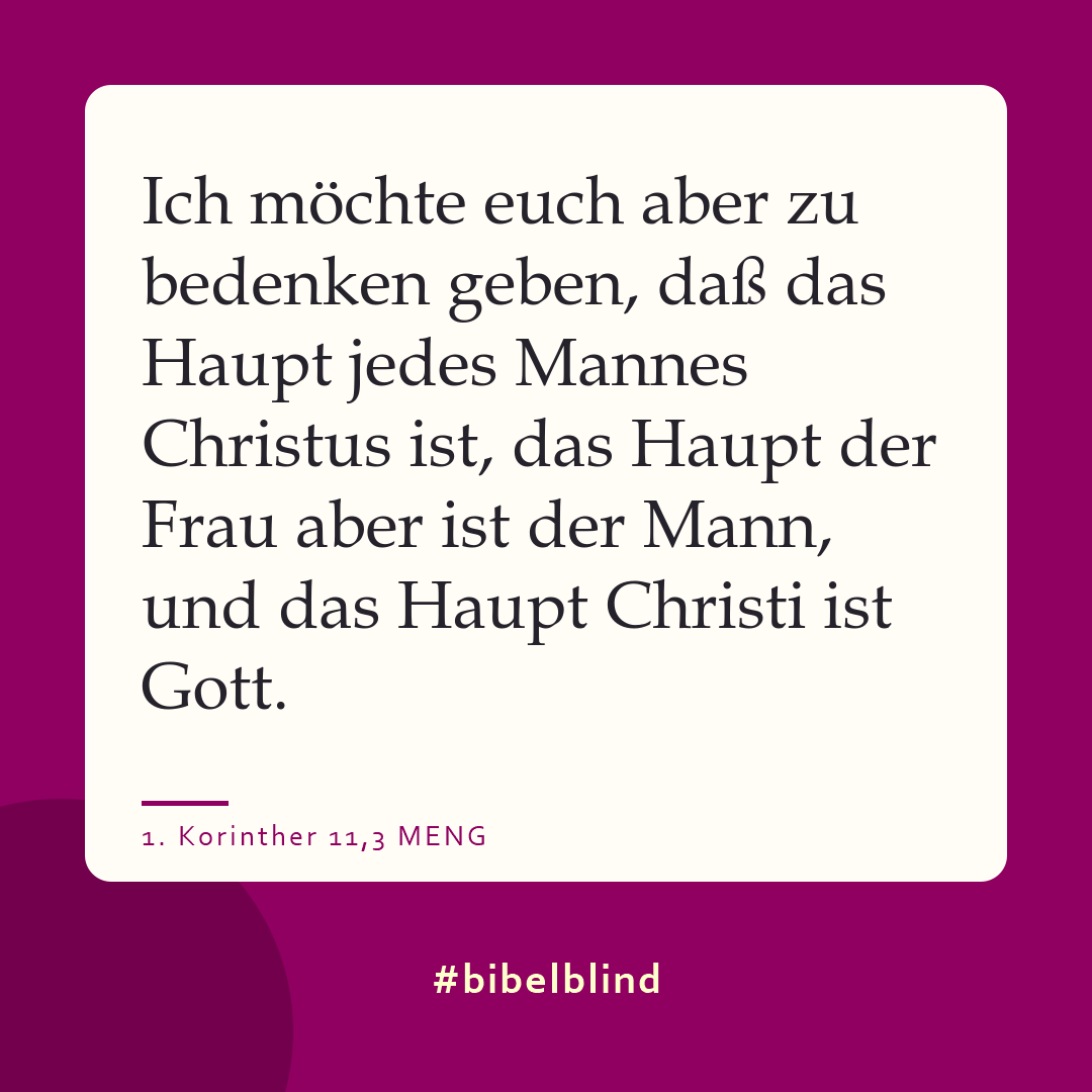 #bibelblind-Meme zu 1. Korinther 11,3: Ich möchte euch aber zu bedenken geben, daß das Haupt jedes Mannes Christus ist, das Haupt der Frau aber ist der Mann, und das Haupt Christi ist Gott.