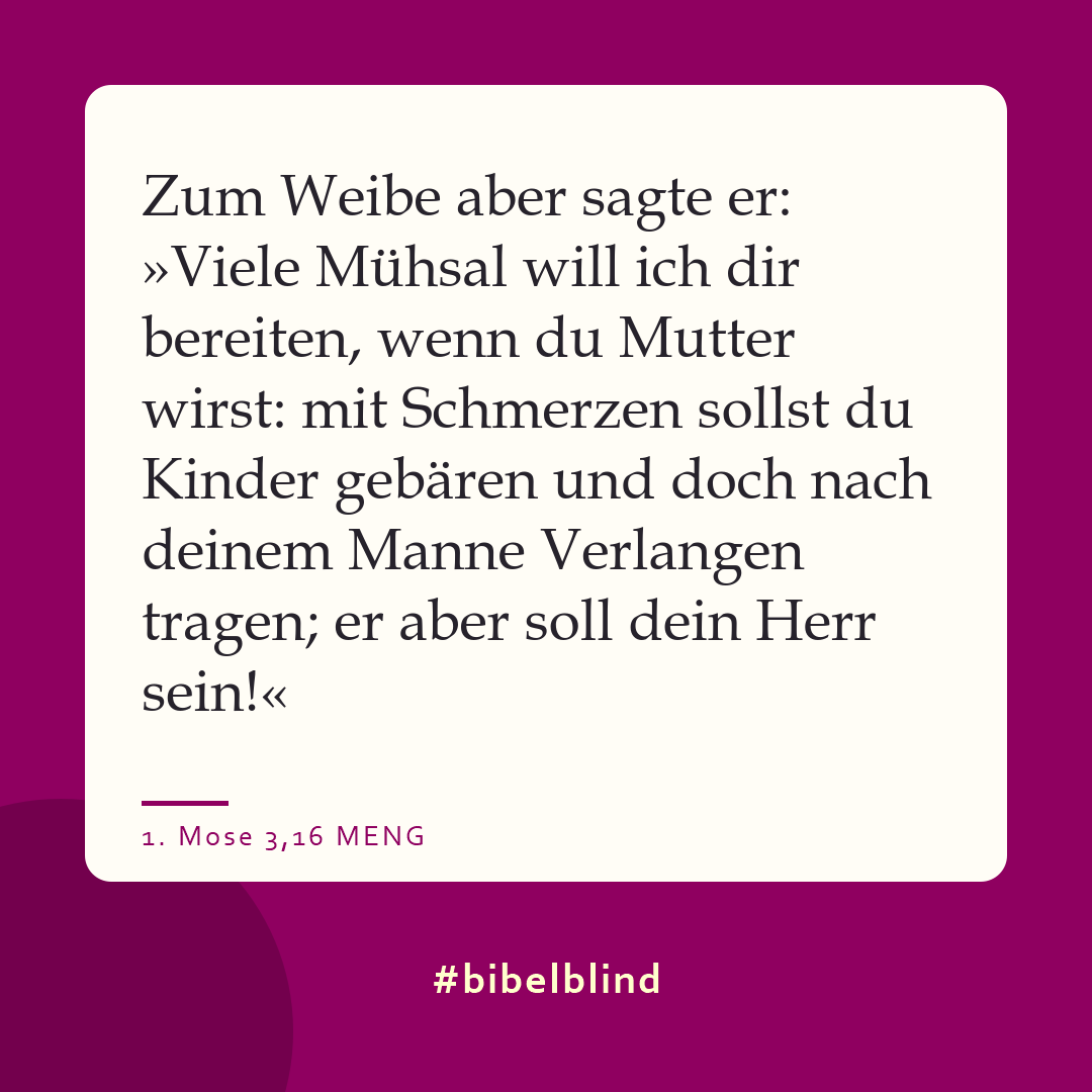 #bibelblind-Meme zu 1. Mose 3,16: Zum Weibe aber sagte er: »Viele Mühsal will ich dir bereiten, wenn du Mutter wirst: mit Schmerzen sollst du Kinder gebären und doch nach deinem Manne Verlangen tragen; er aber soll dein Herr sein!«