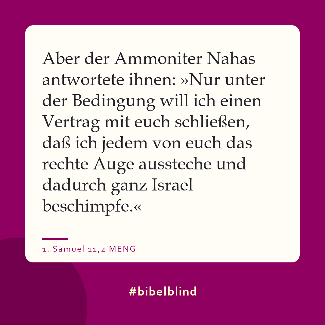 #bibelblind-Meme zu 1. Samuel 11,2: Aber der Ammoniter Nahas antwortete ihnen: »Nur unter der Bedingung will ich einen Vertrag mit euch schließen, daß ich jedem von euch das rechte Auge aussteche und dadurch ganz Israel beschimpfe.«