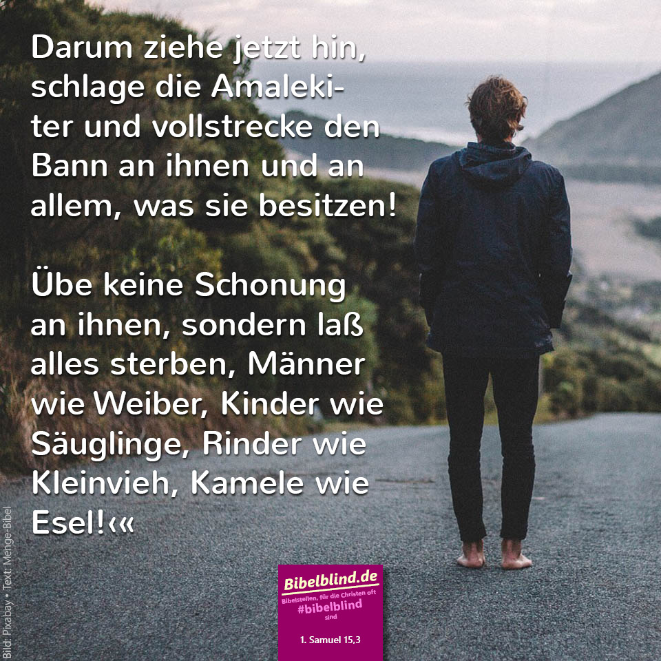#bibelblind-Meme zu 1. Samuel 15,3: Darum ziehe jetzt hin, schlage die Amalekiter und vollstrecke den Bann an ihnen und an allem, was sie besitzen! Übe keine Schonung an ihnen, sondern laß alles sterben, Männer wie Weiber, Kinder wie Säuglinge, Rinder wie Kleinvieh, Kamele wie Esel!