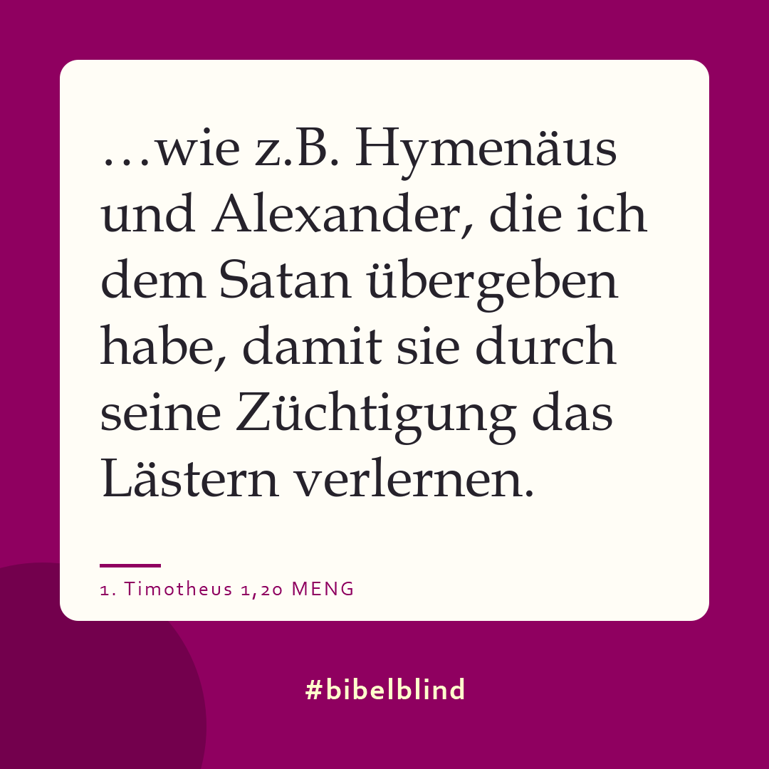 #bibelblind-Meme zu 1. Timotheus 1,20: …wie z.B. Hymenäus und Alexander, die ich dem Satan übergeben habe, damit sie durch seine Züchtigung das Lästern verlernen.
