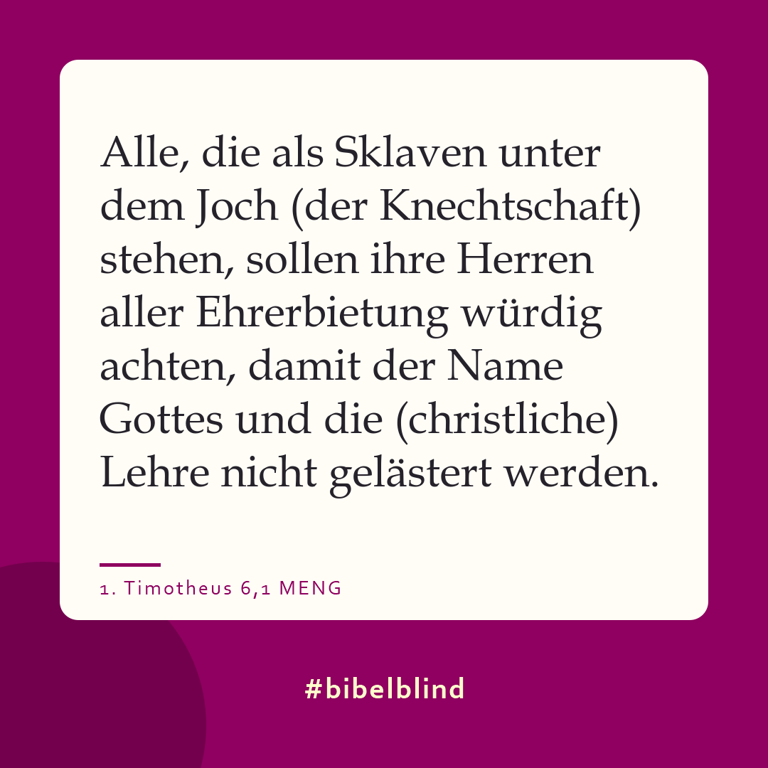 #bibelblind-Meme zu 1. Timotheus 6,1: Alle, die als Sklaven unter dem Joch (der Knechtschaft) stehen, sollen ihre Herren aller Ehrerbietung würdig achten, damit der Name Gottes und die (christliche) Lehre nicht gelästert werden.