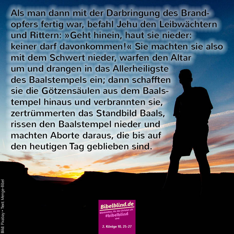#bibelblind-Meme zu 2. Könige 10,25-27: Als man dann mit der Darbringung des Brandopfers fertig war, befahl Jehu den Leibwächtern und Rittern: »Geht hinein, haut sie nieder: keiner darf davonkommen!« Sie machten sie also mit dem Schwert nieder, warfen den Altar um und drangen in das Allerheiligste des Baalstempels ein; dann schafften sie die Götzensäulen aus dem Baalstempel hinaus und verbrannten sie, zertrümmerten das Standbild Baals, rissen den Baalstempel nieder und machten Aborte daraus, die bis auf den heutigen Tag geblieben sind.