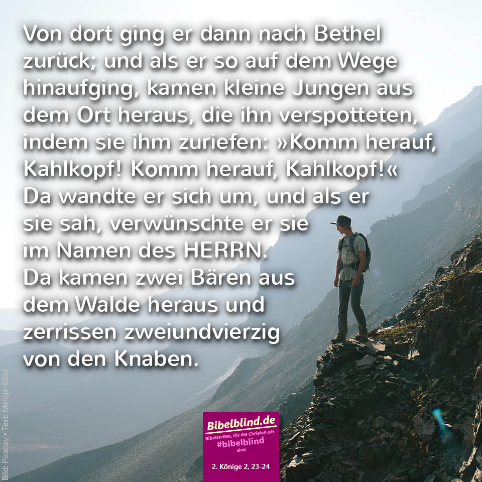 #bibelblind-Meme zu 2. Könige 2,23-24: Von dort ging er dann nach Bethel zurück; und als er so auf dem Wege hinaufging, kamen kleine Jungen aus dem Ort heraus, die ihn verspotteten, indem sie ihm zuriefen: »Komm herauf, Kahlkopf! Komm herauf, Kahlkopf!« Da wandte er sich um, und als er sie sah, verwünschte er sie im Namen des HERRN. Da kamen zwei Bären aus dem Walde heraus und zerrissen zweiundvierzig von den Knaben.