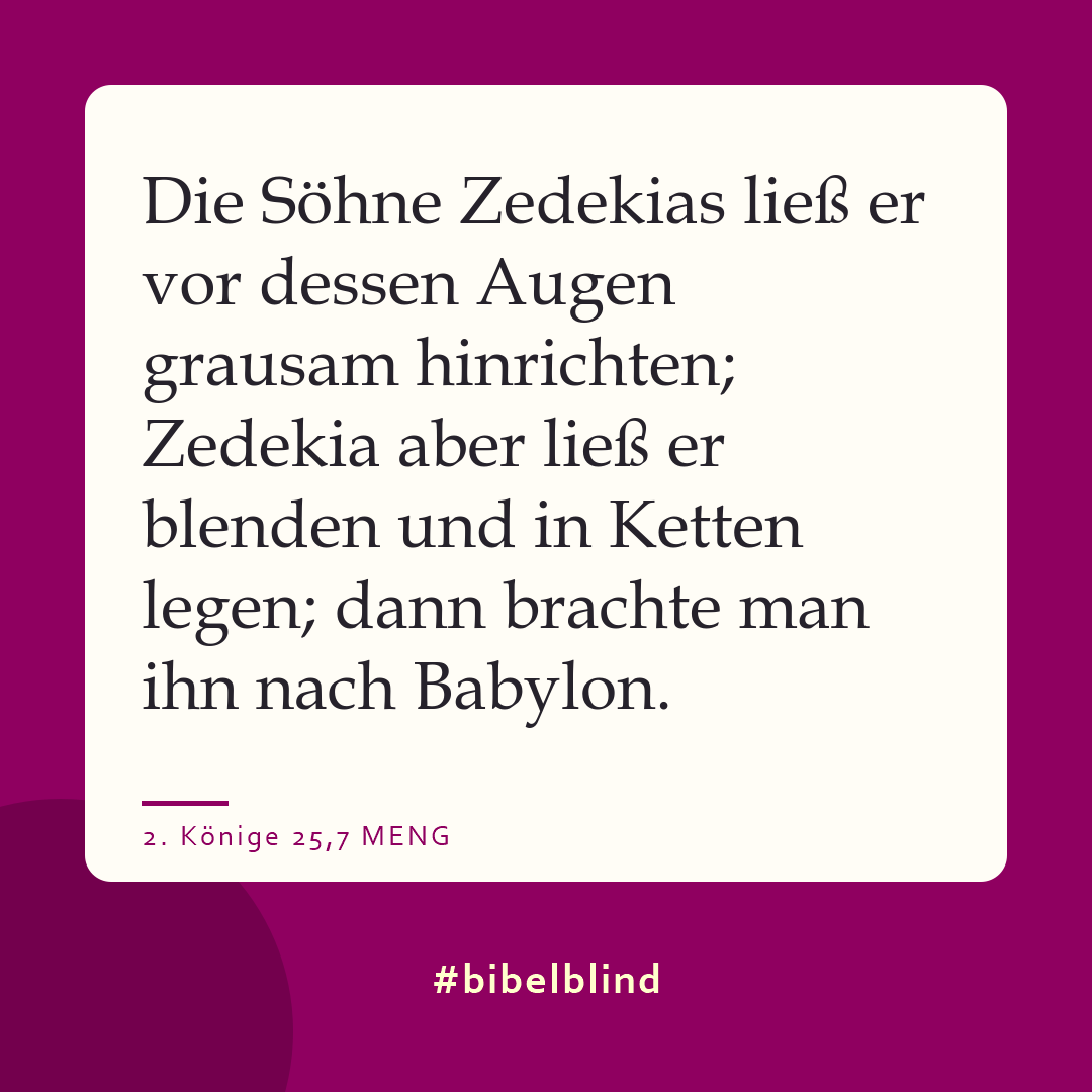 #bibelblind-Meme zu 2. Könige 25,7: Die Söhne Zedekias ließ er vor dessen Augen grausam hinrichten; Zedekia aber ließ er blenden und in Ketten legen; dann brachte man ihn nach Babylon.