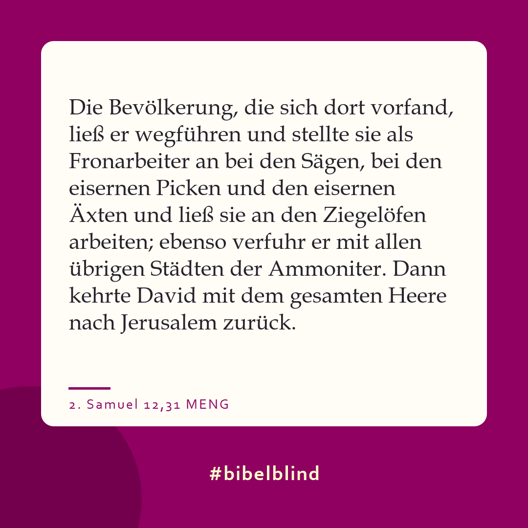 #bibelblind-Meme zu 2. Samuel 12,31: Die Bevölkerung, die sich dort vorfand, ließ er wegführen und stellte sie als Fronarbeiter an bei den Sägen, bei den eisernen Picken und den eisernen Äxten und ließ sie an den Ziegelöfen arbeiten; ebenso verfuhr er mit allen übrigen Städten der Ammoniter. Dann kehrte David mit dem gesamten Heere nach Jerusalem zurück.