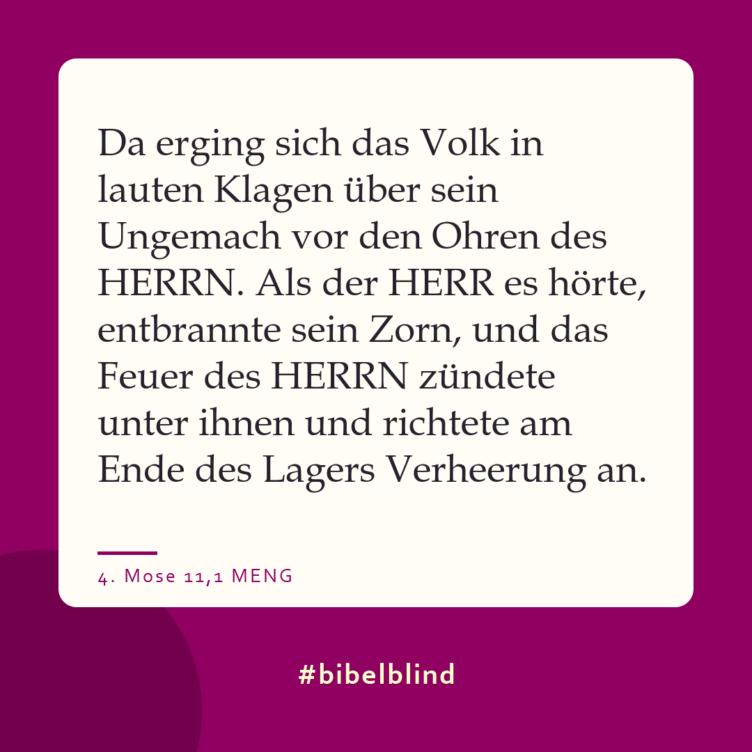 #bibelblind-Meme zu 4. Mose 11,1: Da erging sich das Volk in lauten Klagen über sein Ungemach vor den Ohren des HERRN. Als der HERR es hörte, entbrannte sein Zorn, und das Feuer des HERRN zündete unter ihnen und richtete am Ende des Lagers Verheerung an.
