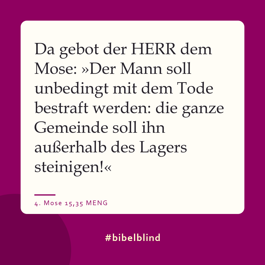 #bibelblind-Meme zu 4. Mose 15,35: Da gebot der HERR dem Mose: »Der Mann soll unbedingt mit dem Tode bestraft werden: die ganze Gemeinde soll ihn außerhalb des Lagers steinigen!«