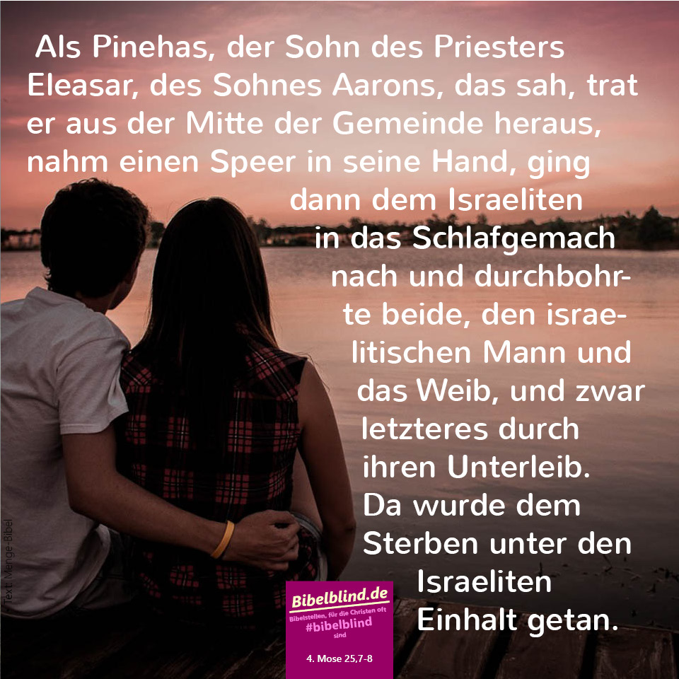 #bibelblind-Meme zu 4. Mose 25,7-8: Als Pinehas, der Sohn des Priesters Eleasar, des Sohnes Aarons, das sah, trat er aus der Mitte der Gemeinde heraus, nahm einen Speer in seine Hand, ging dann dem Israeliten in das Schlafgemach nach und durchbohrte beide, den israelitischen Mann und das Weib, und zwar letzteres durch ihren Unterleib. Da wurde dem Sterben unter den Israeliten Einhalt getan.