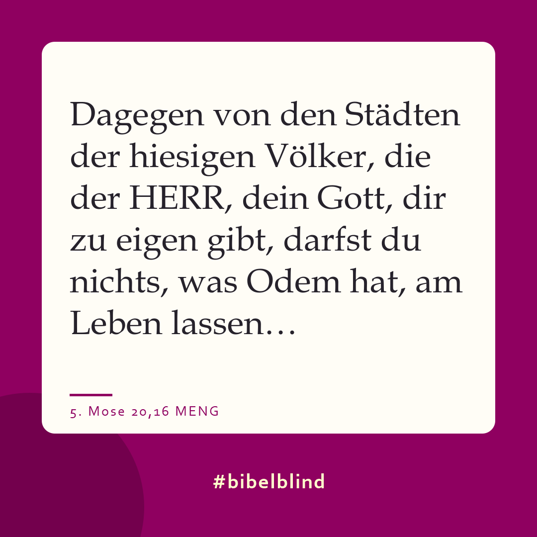 #bibelblind-Meme zu 5. Mose 20,16: Dagegen von den Städten der hiesigen Völker, die der HERR, dein Gott, dir zu eigen gibt, darfst du nichts, was Odem hat, am Leben lassen…