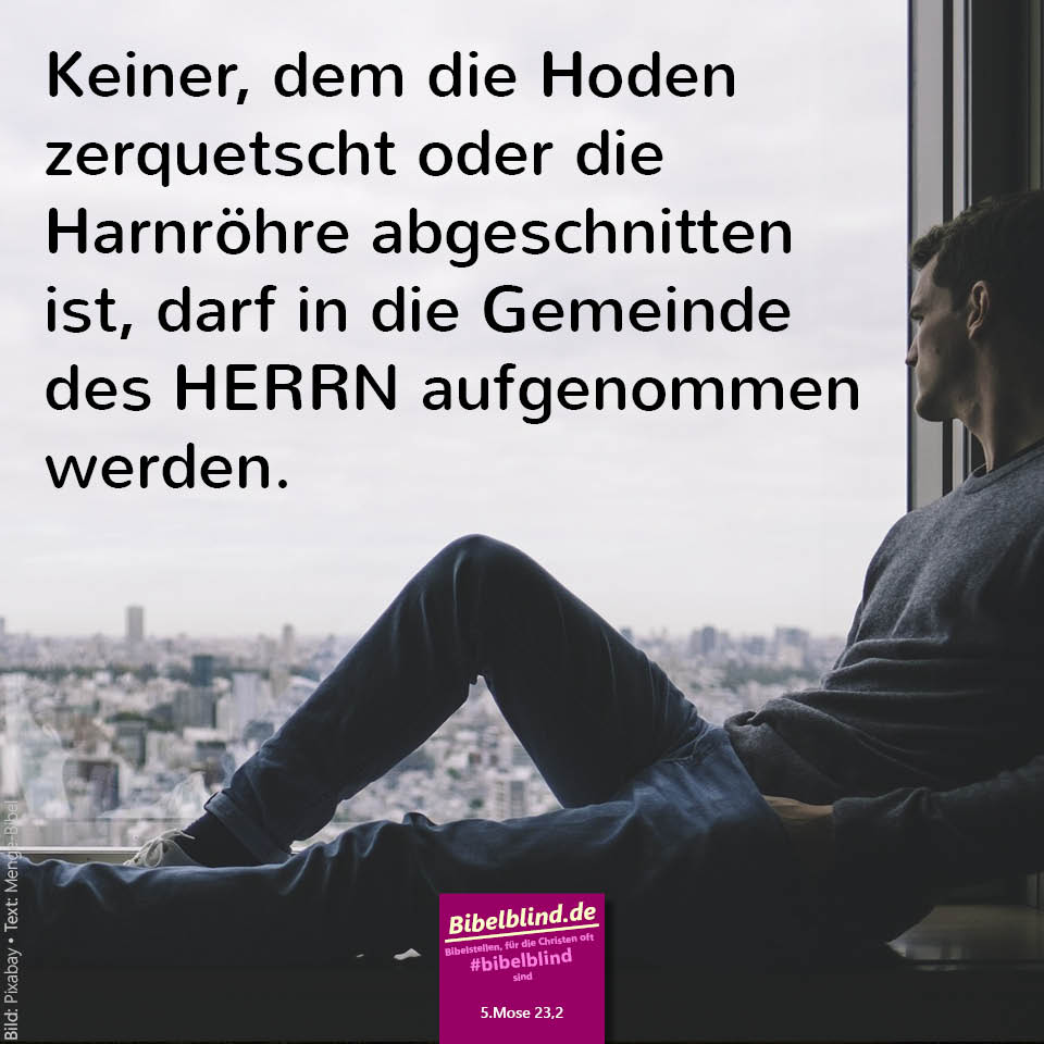 #bibelblind-Meme zu 5. Mose 23,2: Keiner, dem die Hoden zerquetscht oder die Harnröhre abgeschnitten ist, darf in die Gemeinde des HERRN aufgenommen werden.