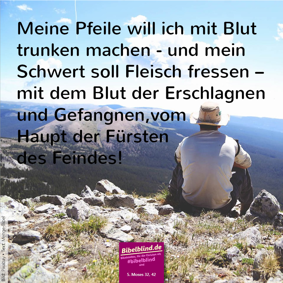 #bibelblind-Meme zu 5. Mose 32,42: Meine Pfeile will ich mit Blut trunken machen – und mein Schwert soll Fleisch fressen – mit dem Blut der Erschlagnen und Gefangnen, vom Haupt der Fürsten des Feindes!