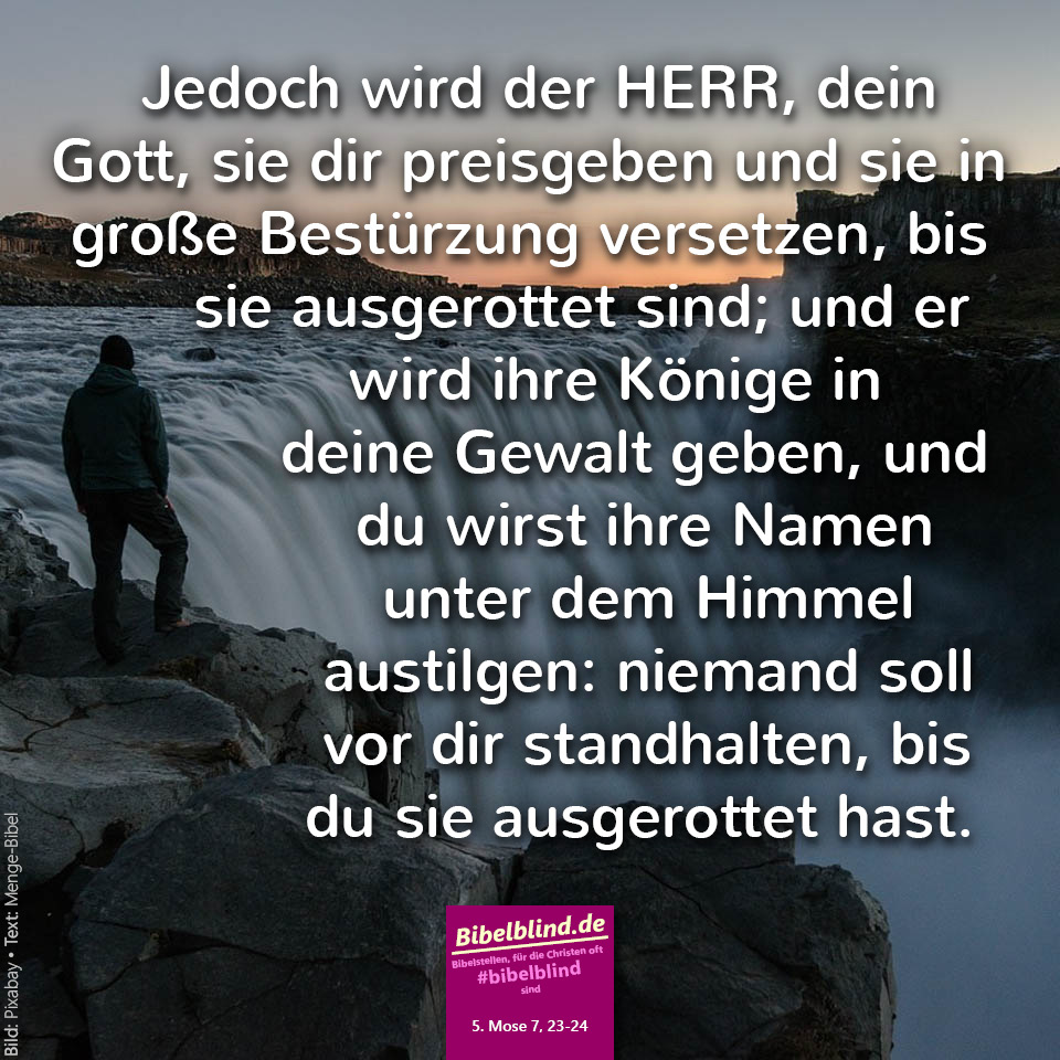 #bibelblind-Meme zu 5. Mose 7,23-24: Jedoch wird der HERR, dein Gott, sie dir preisgeben und sie in große Bestürzung versetzen, bis sie ausgerottet sind; und er wird ihre Könige in deine Gewalt geben, und du wirst ihre Namen unter dem Himmel austilgen: niemand soll vor dir standhalten, bis du sie ausgerottet hast.