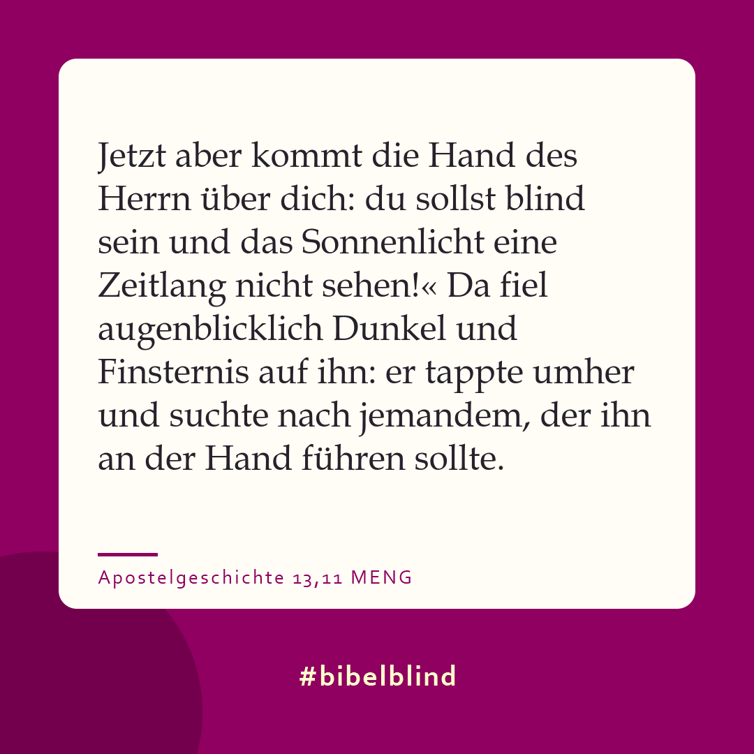 #bibelblind-Meme zu Apostelgeschichte 13,11: Jetzt aber kommt die Hand des Herrn über dich: du sollst blind sein und das Sonnenlicht eine Zeitlang nicht sehen!« Da fiel augenblicklich Dunkel und Finsternis auf ihn: er tappte umher und suchte nach jemandem, der ihn an der Hand führen sollte.