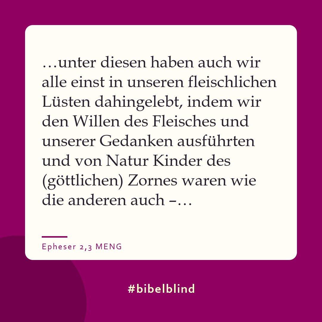 #bibelblind-Meme zu Epheser 2,3: …unter diesen haben auch wir alle einst in unseren fleischlichen Lüsten dahingelebt, indem wir den Willen des Fleisches und unserer Gedanken ausführten und von Natur Kinder des (göttlichen) Zornes waren wie die anderen auch –…