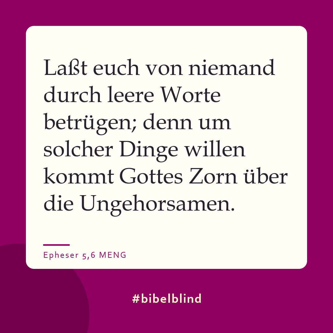 #bibelblind-Meme zu Epheser 5,6: Laßt euch von niemand durch leere Worte betrügen; denn um solcher Dinge willen kommt Gottes Zorn über die Ungehorsamen.