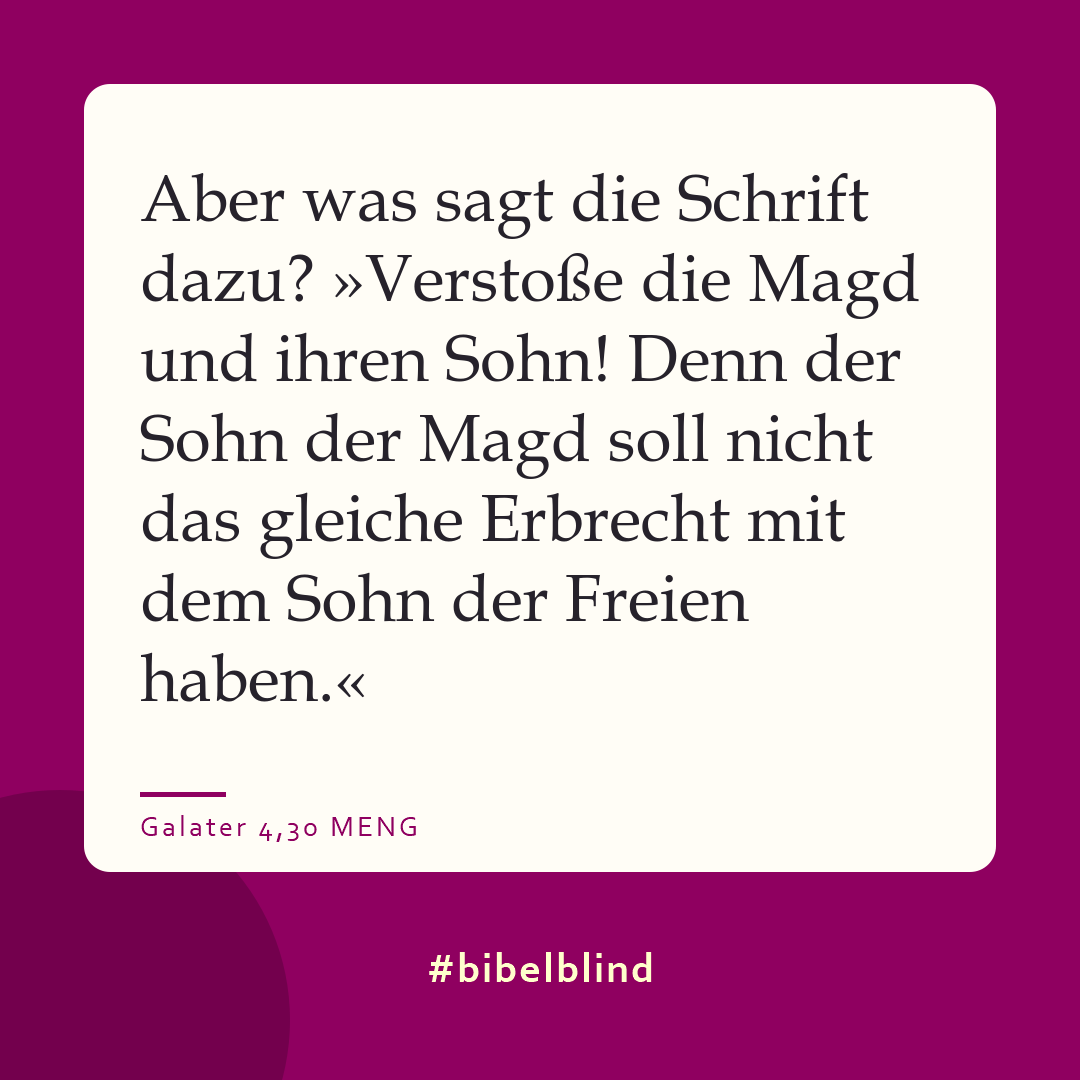 #bibelblind-Meme zu Galater 4,30: Aber was sagt die Schrift dazu? »Verstoße die Magd und ihren Sohn! Denn der Sohn der Magd soll nicht das gleiche Erbrecht mit dem Sohn der Freien haben.«