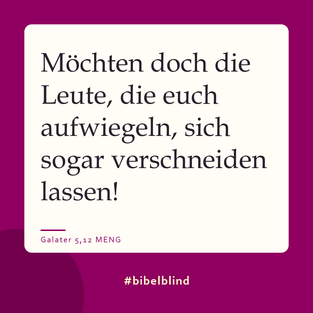 #bibelblind-Meme zu Galater 5,12: Möchten doch die Leute, die euch aufwiegeln, sich sogar verschneiden lassen!