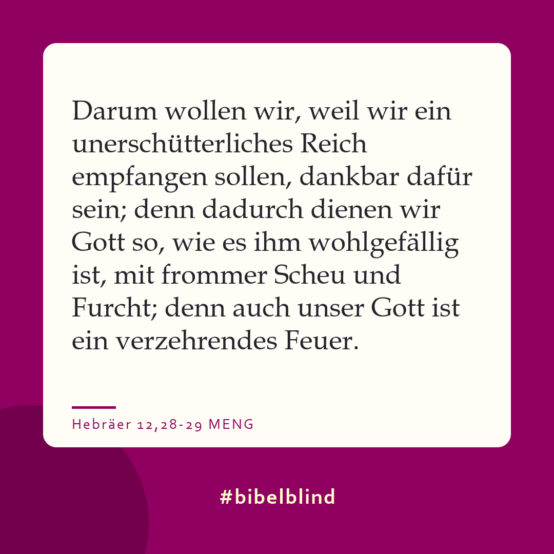 #bibelblind-Meme zu Hebräer 12,28-29: Darum wollen wir, weil wir ein unerschütterliches Reich empfangen sollen, dankbar dafür sein; denn dadurch dienen wir Gott so, wie es ihm wohlgefällig ist, mit frommer Scheu und Furcht; denn auch unser Gott ist ein verzehrendes Feuer.