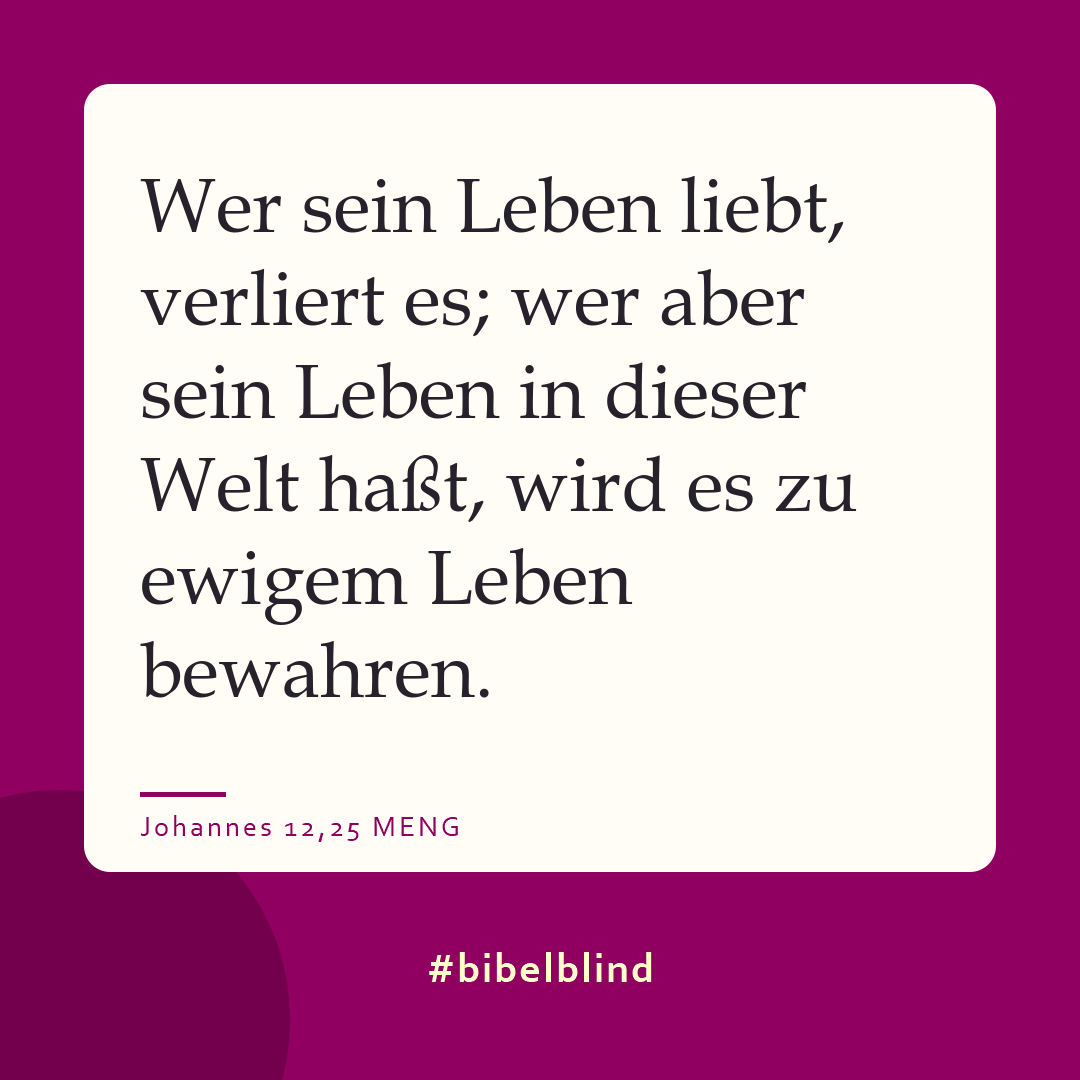 #bibelblind-Meme zu Johannes 12,25: Wer sein Leben liebt, verliert es; wer aber sein Leben in dieser Welt haßt, wird es zu ewigem Leben bewahren.