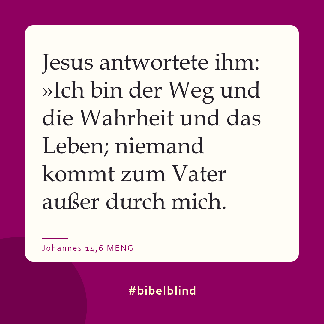 #bibelblind-Meme zu Johannes 14,6: Jesus antwortete ihm: »Ich bin der Weg und die Wahrheit und das Leben; niemand kommt zum Vater außer durch mich.