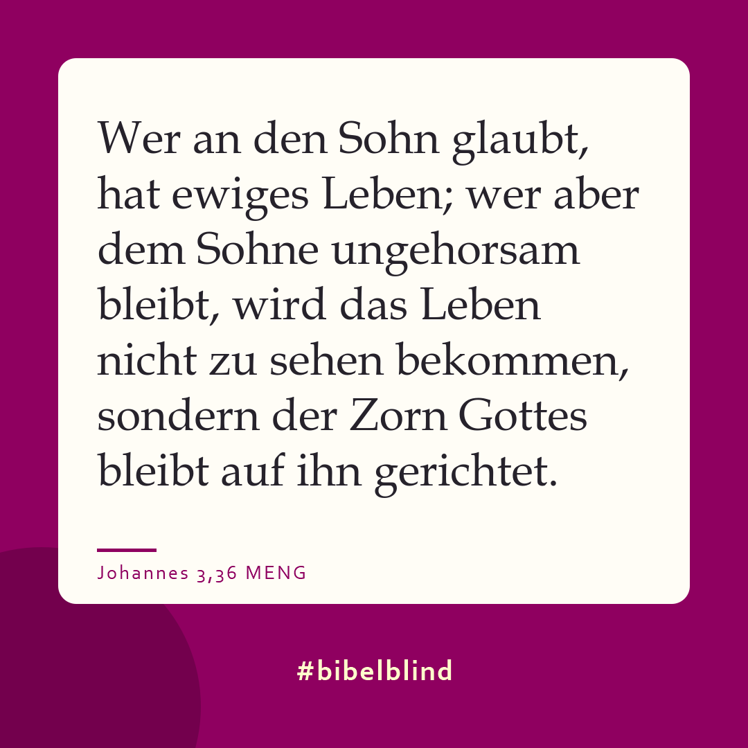 #bibelblind-Meme zu Johannes 3,36: Wer an den Sohn glaubt, hat ewiges Leben; wer aber dem Sohne ungehorsam bleibt, wird das Leben nicht zu sehen bekommen, sondern der Zorn Gottes bleibt auf ihn gerichtet.