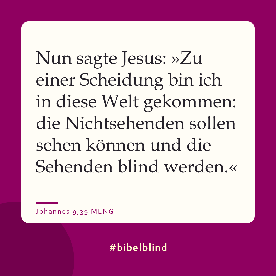 #bibelblind-Meme zu Johannes 9,39: Nun sagte Jesus: »Zu einer Scheidung bin ich in diese Welt gekommen: die Nichtsehenden sollen sehen können und die Sehenden blind werden.«