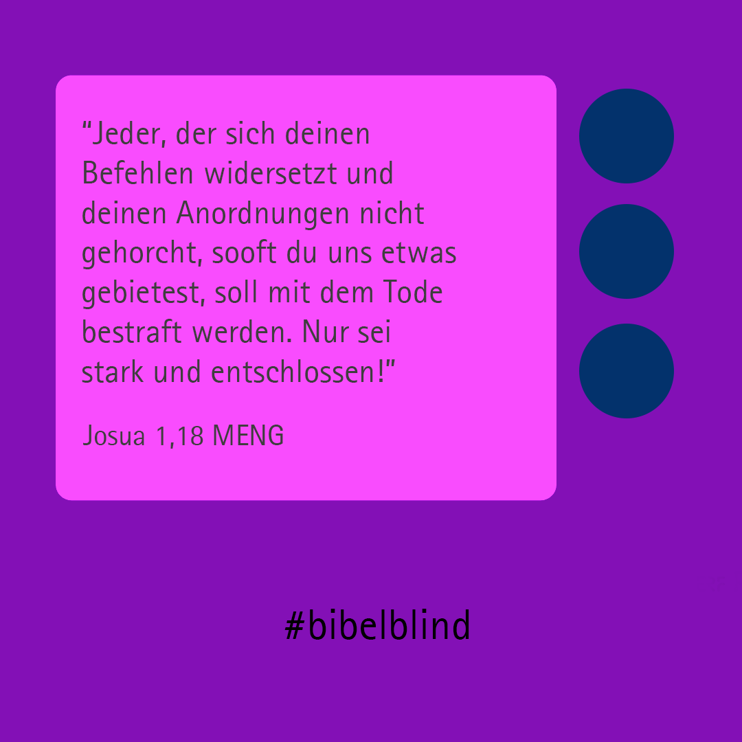 #bibelblind-Meme zu Josua 1,18: »Jeder, der sich deinen Befehlen widersetzt und deinen Anordnungen nicht gehorcht, sooft du uns etwas gebietest, soll mit dem Tode bestraft werden. Nur sei stark und entschlossen!«