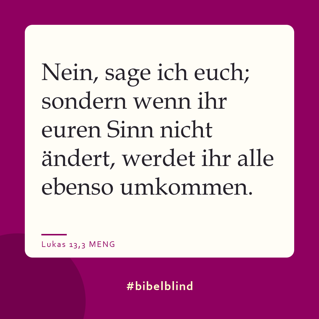 #bibelblind-Meme zu Lukas 13,3: Nein, sage ich euch; sondern wenn ihr euren Sinn nicht ändert, werdet ihr alle ebenso umkommen.