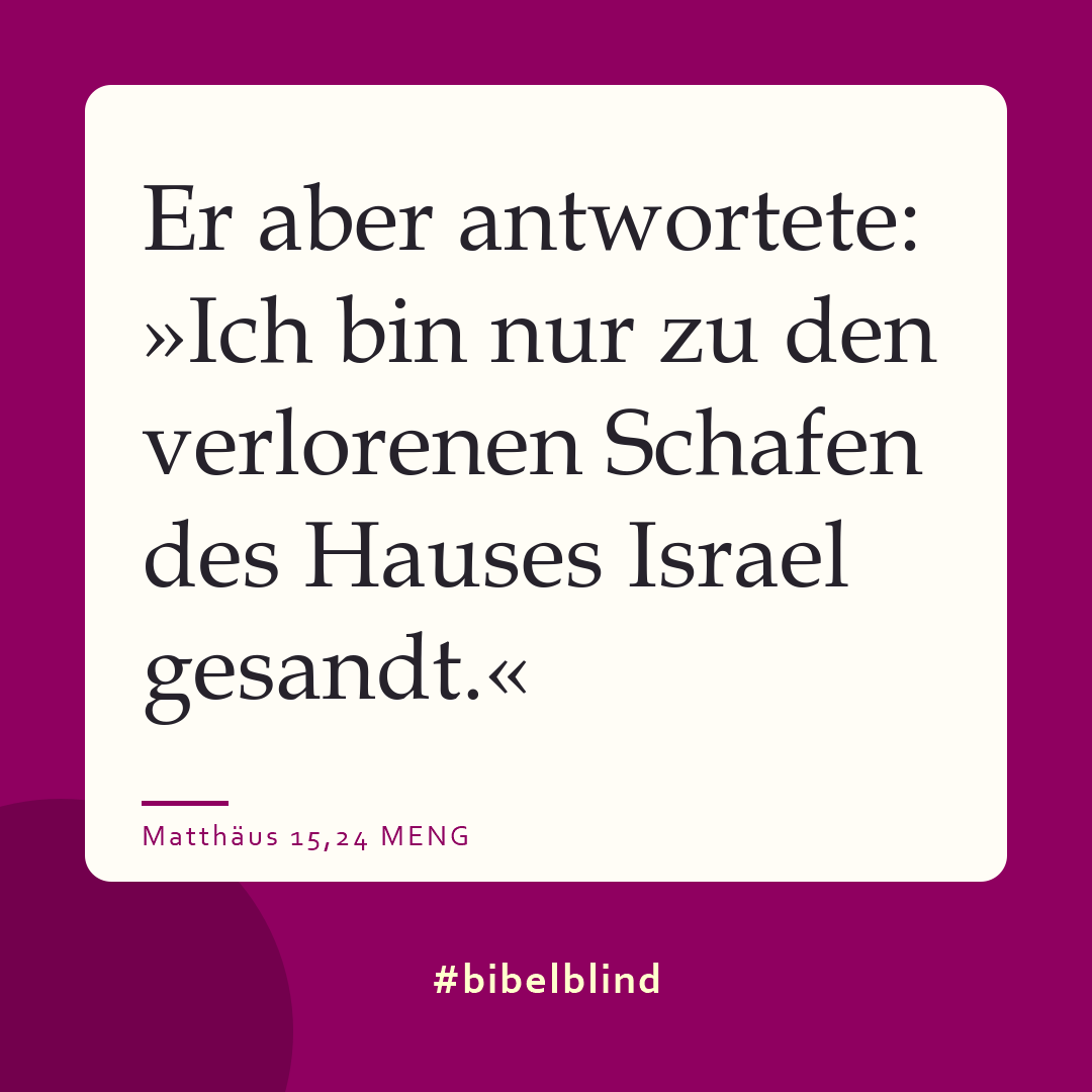 #bibelblind-Meme zu Matthäus 15,24: Er aber antwortete: »Ich bin nur zu den verlorenen Schafen des Hauses Israel gesandt.«