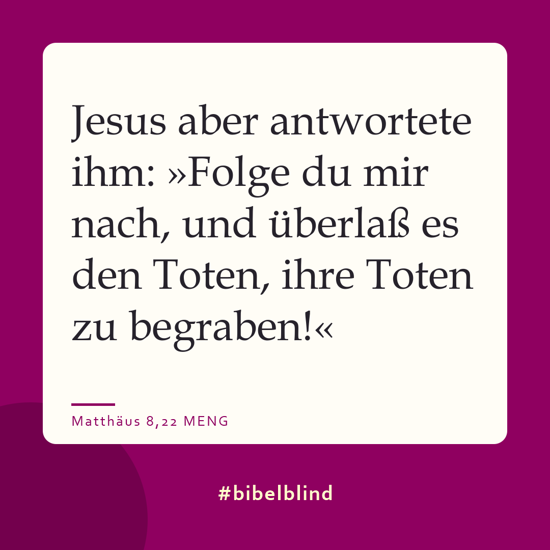 #bibelblind-Meme zu Matthäus 8,22: Jesus aber antwortete ihm: »Folge du mir nach, und überlaß es den Toten, ihre Toten zu begraben!«