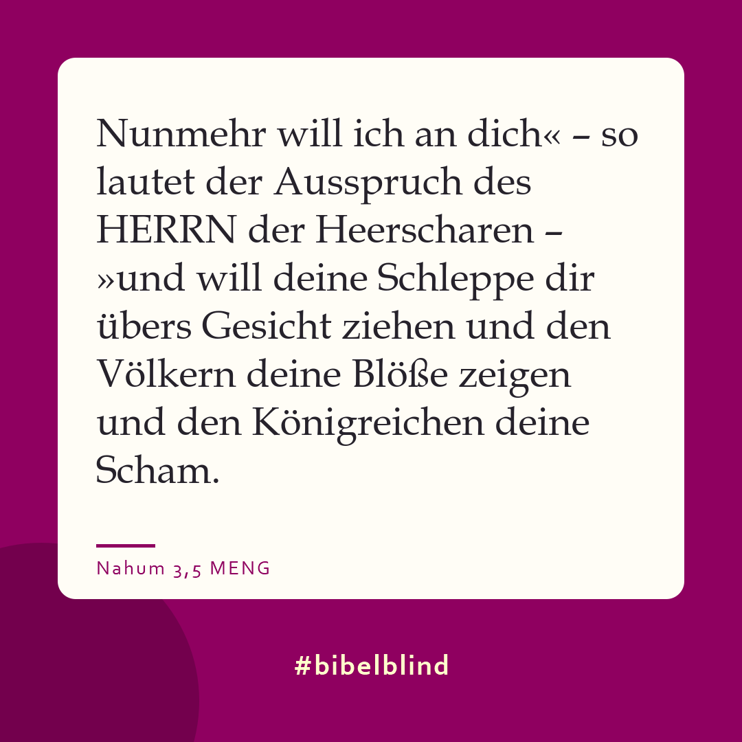 #bibelblind-Meme zu Nahum 3,5: Nunmehr will ich an dich« – so lautet der Ausspruch des HERRN der Heerscharen – »und will deine Schleppe dir übers Gesicht ziehen und den Völkern deine Blöße zeigen und den Königreichen deine Scham.