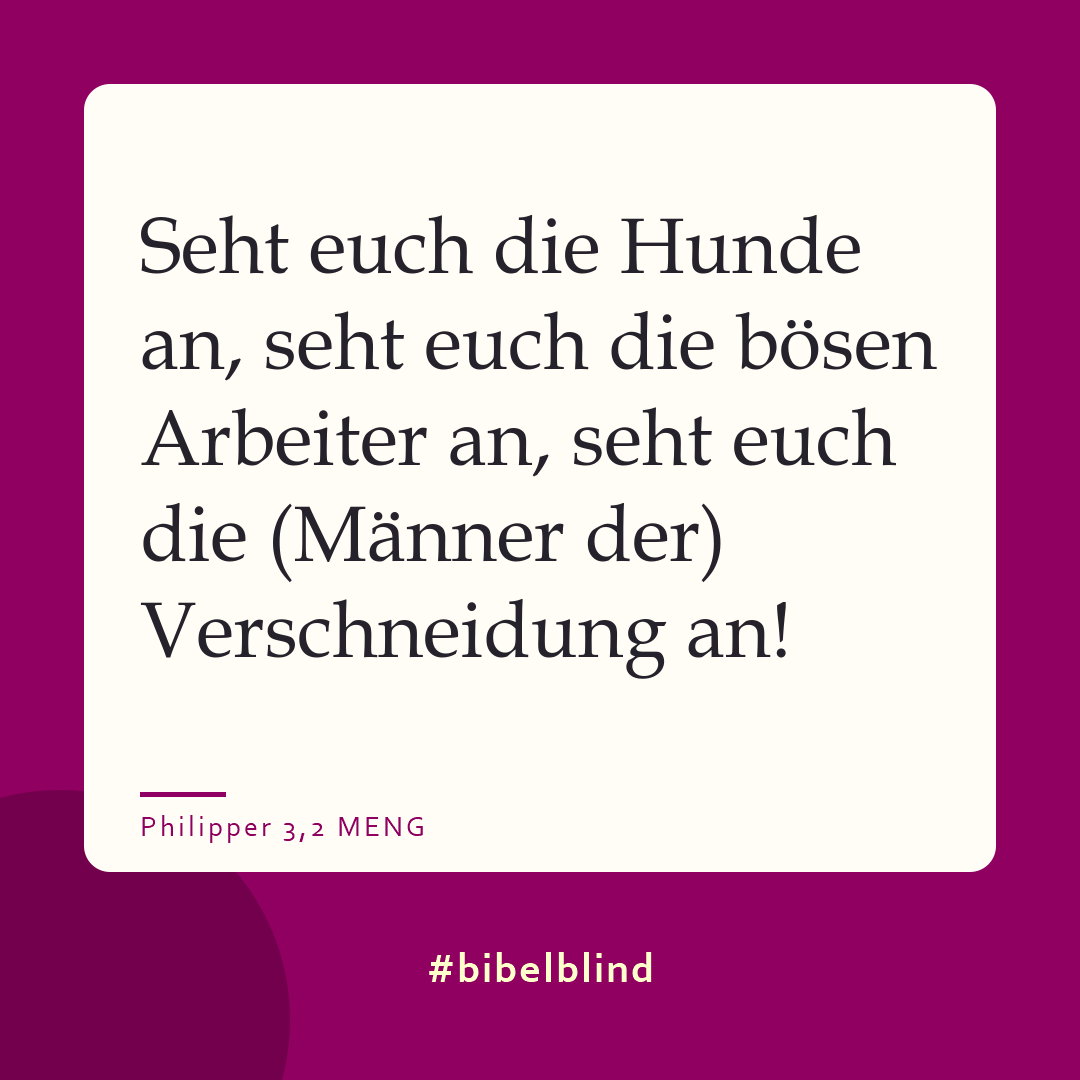 #bibelblind-Meme zu Philipper 3,2: Seht euch die Hunde an, seht euch die bösen Arbeiter an, seht euch die (Männer der) Verschneidung an!