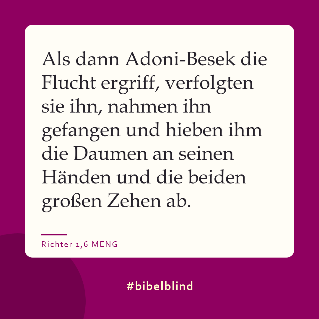 #bibelblind-Meme zu Richter 1,6: Als dann Adoni-Besek die Flucht ergriff, verfolgten sie ihn, nahmen ihn gefangen und hieben ihm die Daumen an seinen Händen und die beiden großen Zehen ab.