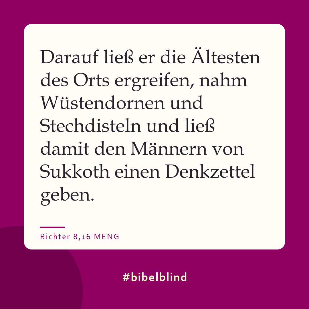 #bibelblind-Meme zu Richter 8,16: Darauf ließ er die Ältesten des Orts ergreifen, nahm Wüstendornen und Stechdisteln und ließ damit den Männern von Sukkoth einen Denkzettel geben.