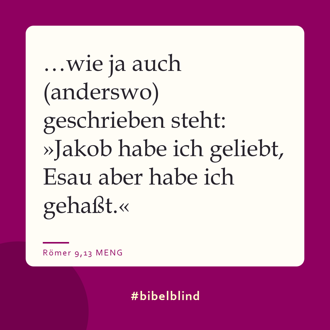 #bibelblind-Meme zu Römer 9,13: …wie ja auch (anderswo) geschrieben steht: »Jakob habe ich geliebt, Esau aber habe ich gehaßt.«