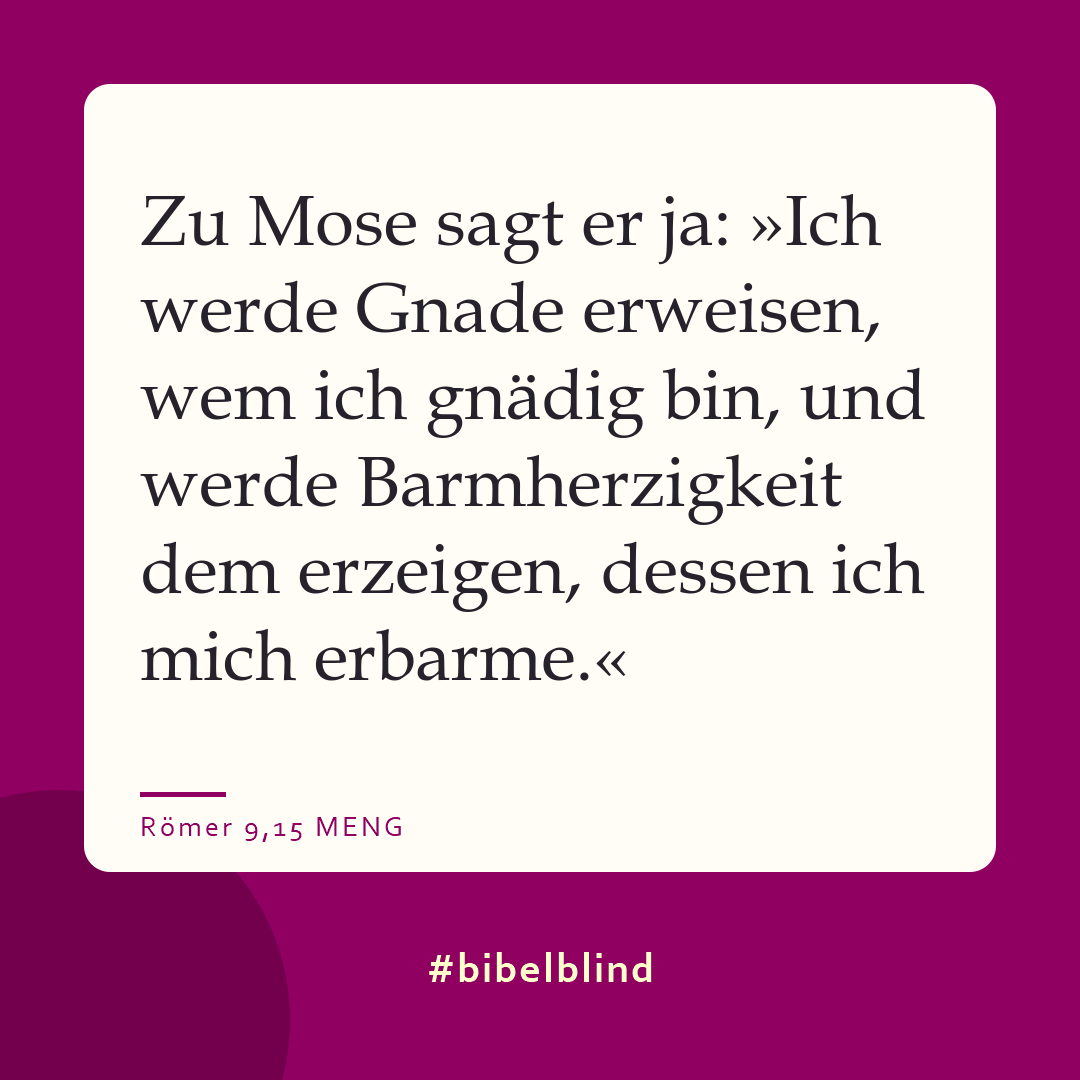 #bibelblind-Meme zu Römer 9,15: Zu Mose sagt er ja: »Ich werde Gnade erweisen, wem ich gnädig bin, und werde Barmherzigkeit dem erzeigen, dessen ich mich erbarme.«