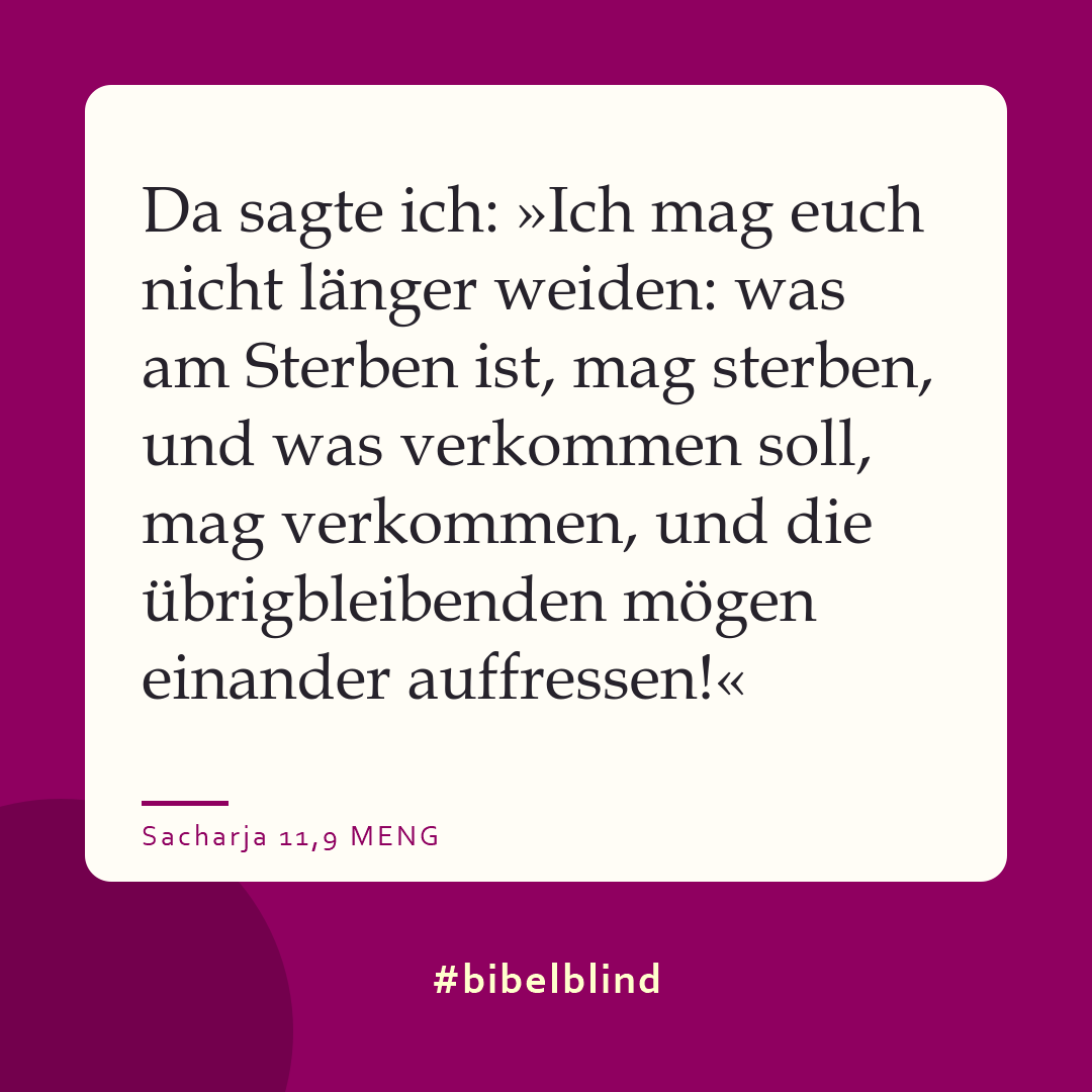 #bibelblind-Meme zu Sacharja 11,9: Da sagte ich: »Ich mag euch nicht länger weiden: was am Sterben ist, mag sterben, und was verkommen soll, mag verkommen, und die übrigbleibenden mögen einander auffressen!«