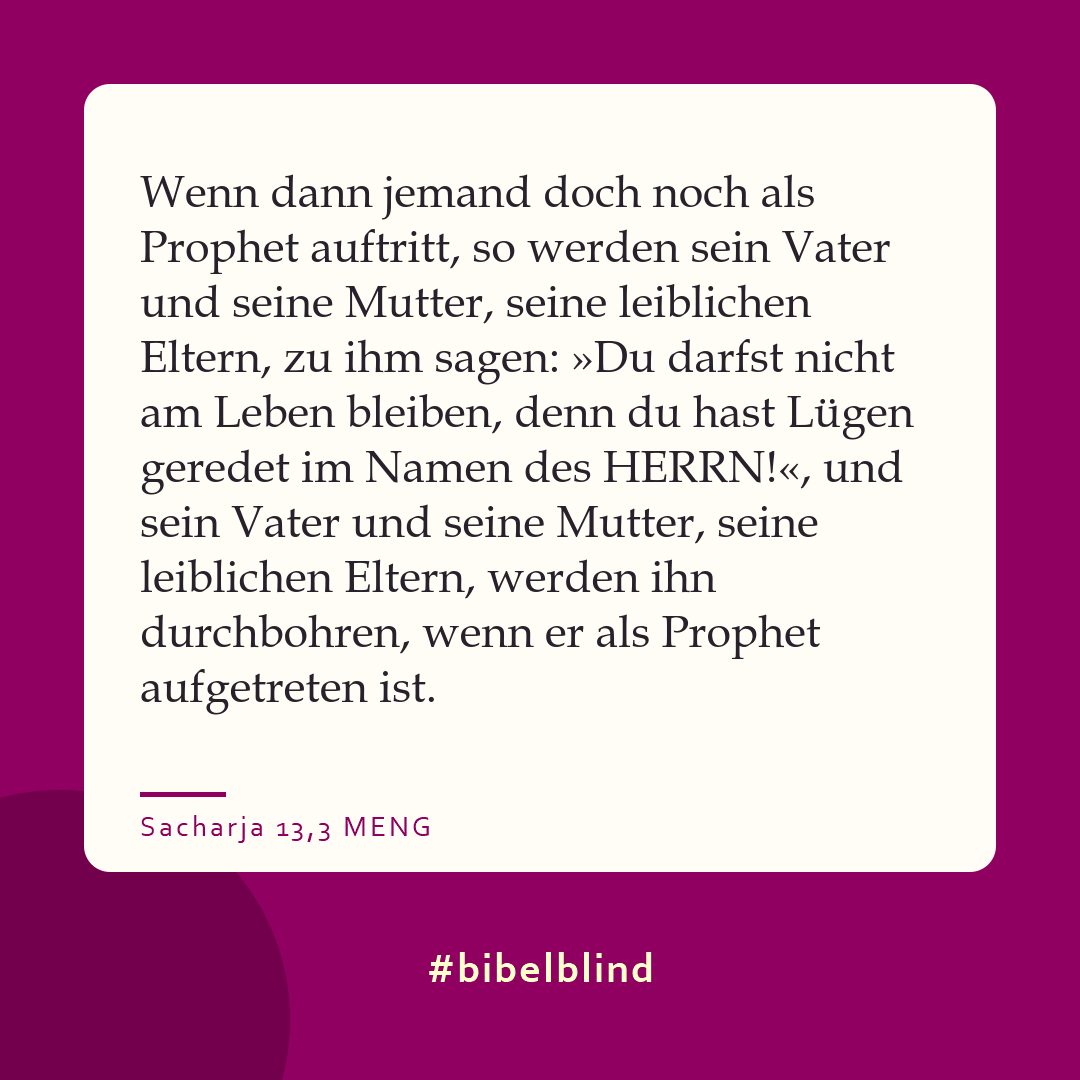 #bibelblind-Meme zu Sacharja 13,3: Wenn dann jemand doch noch als Prophet auftritt, so werden sein Vater und seine Mutter, seine leiblichen Eltern, zu ihm sagen: »Du darfst nicht am Leben bleiben, denn du hast Lügen geredet im Namen des HERRN!«, und sein Vater und seine Mutter, seine leiblichen Eltern, werden ihn durchbohren, wenn er als Prophet aufgetreten ist.
