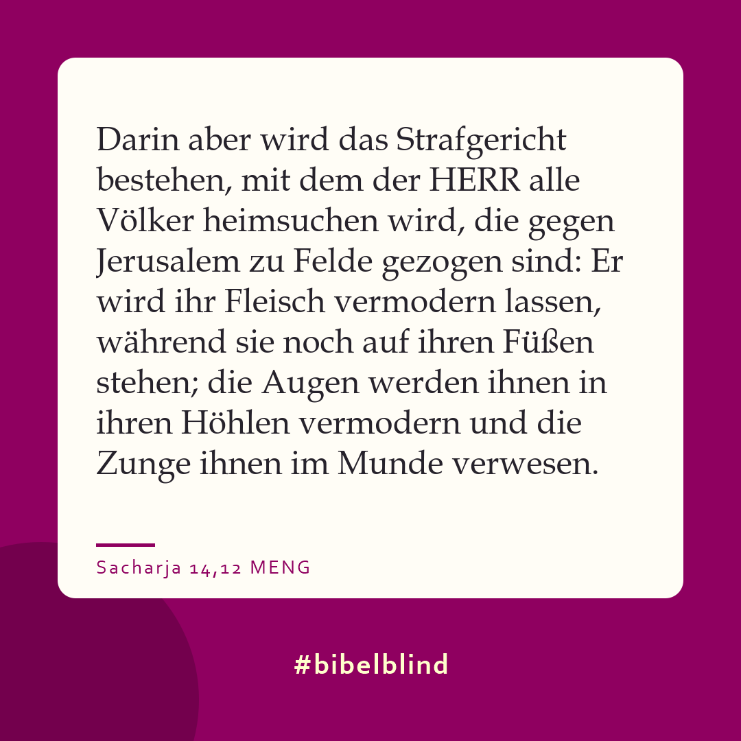 #bibelblind-Meme zu Sacharja 14,12: Darin aber wird das Strafgericht bestehen, mit dem der HERR alle Völker heimsuchen wird, die gegen Jerusalem zu Felde gezogen sind: Er wird ihr Fleisch vermodern lassen, während sie noch auf ihren Füßen stehen; die Augen werden ihnen in ihren Höhlen vermodern und die Zunge ihnen im Munde verwesen.