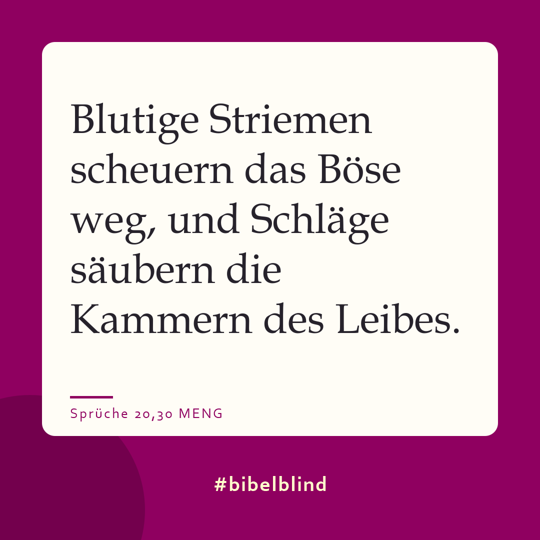 #bibelblind-Meme zu Sprüche 20,30: Blutige Striemen scheuern das Böse weg, und Schläge säubern die Kammern des Leibes.