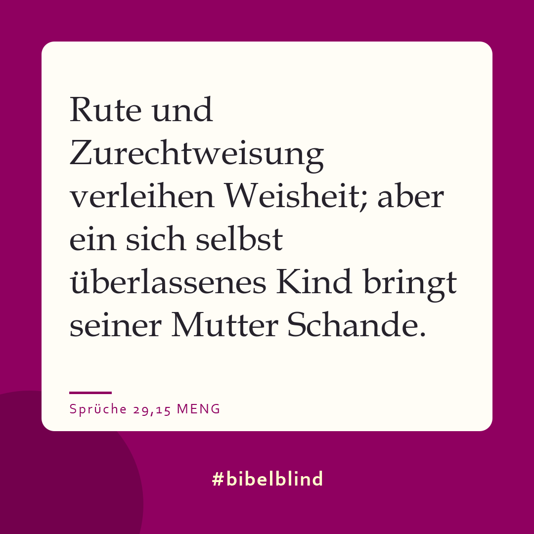 #bibelblind-Meme zu Sprüche 29,15: Rute und Zurechtweisung verleihen Weisheit; aber ein sich selbst überlassenes Kind bringt seiner Mutter Schande.